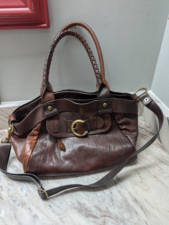 Francesco Biasia Handbags - Francesco Biasia Distressed Brown Leather Shoulder Bag with Brass Ring Detail